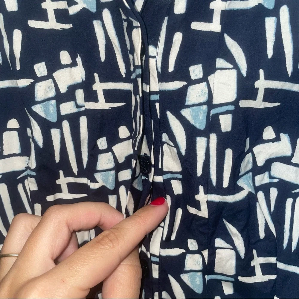 Tory Burch Navy White Abstract Button Down Short Sleeve Shirt Dress Size 2